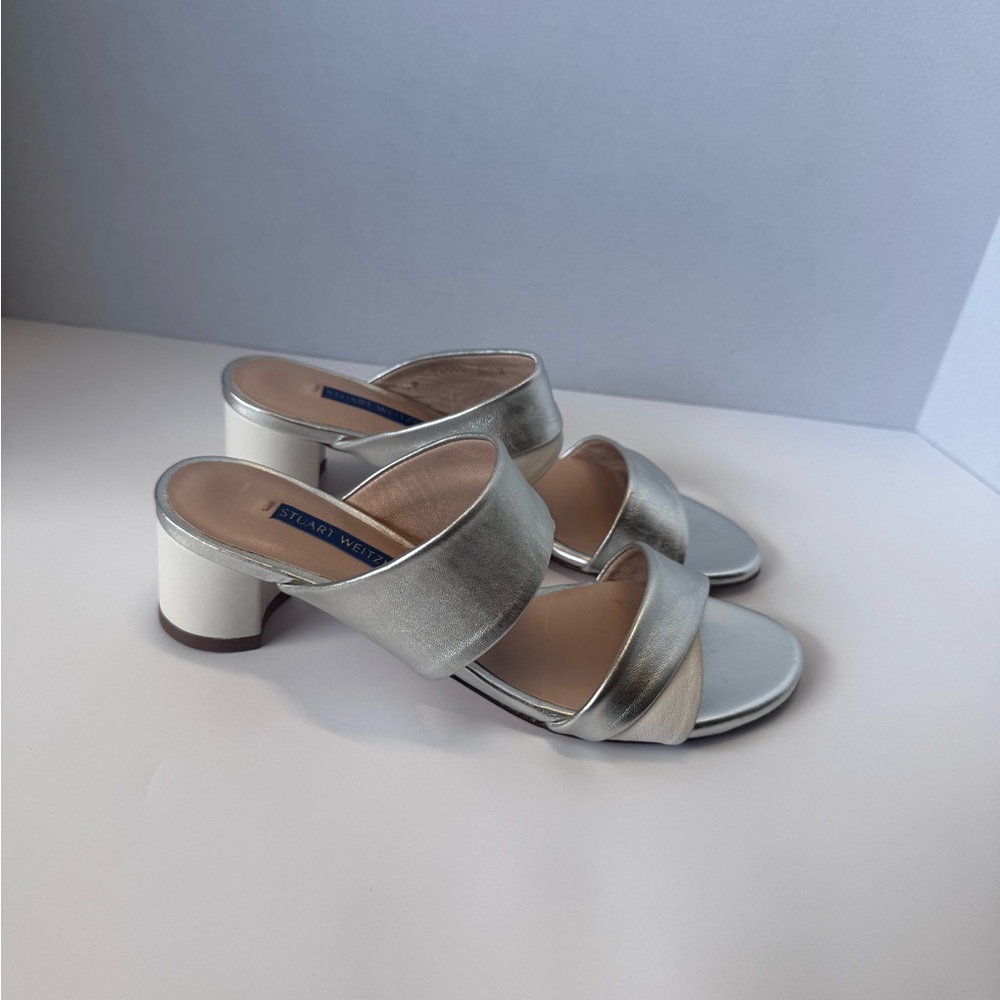 Stuart Weitzman Silver Mules with Chunky Block Heel size 6